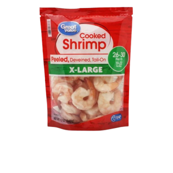 Great Value Frozen Cooked Extra Large Peeled & Deveined, Tail-on Shrimp, 12 oz (26-30 count per lb)